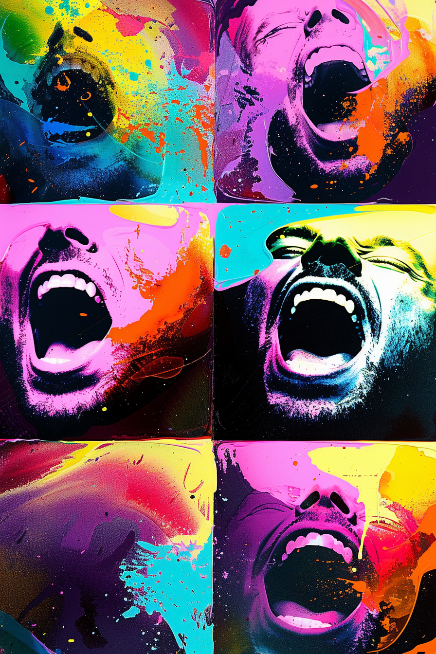 Pop-Art-Komposition aus sechs bunten Porträts schreiender Gesichter, gestaltet in leuchtenden Neonfarben und dynamischen Farbspritzern.
