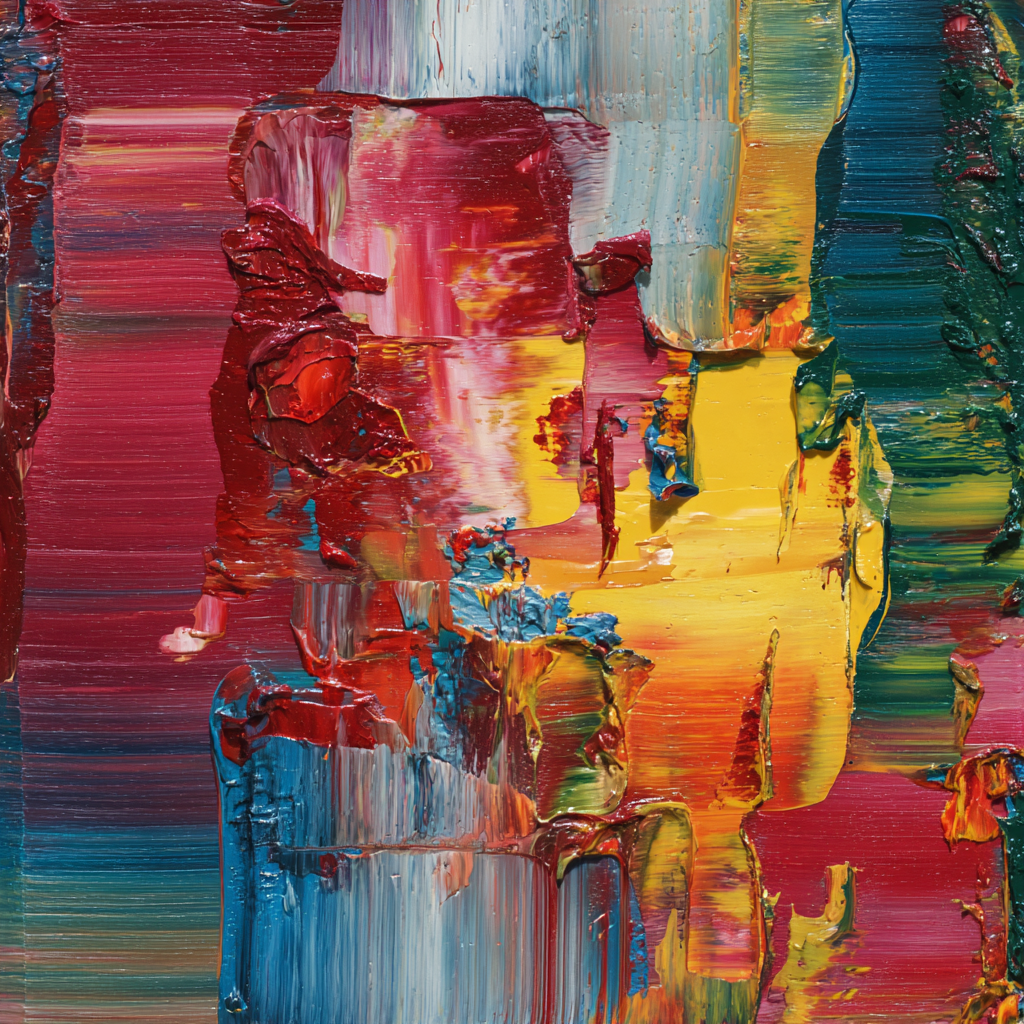 Abstrakte Malerei mit dicken, pastosen Farbschichten in Rot, Gelb, Blau und Grün, dynamisch übereinander aufgetragen.
