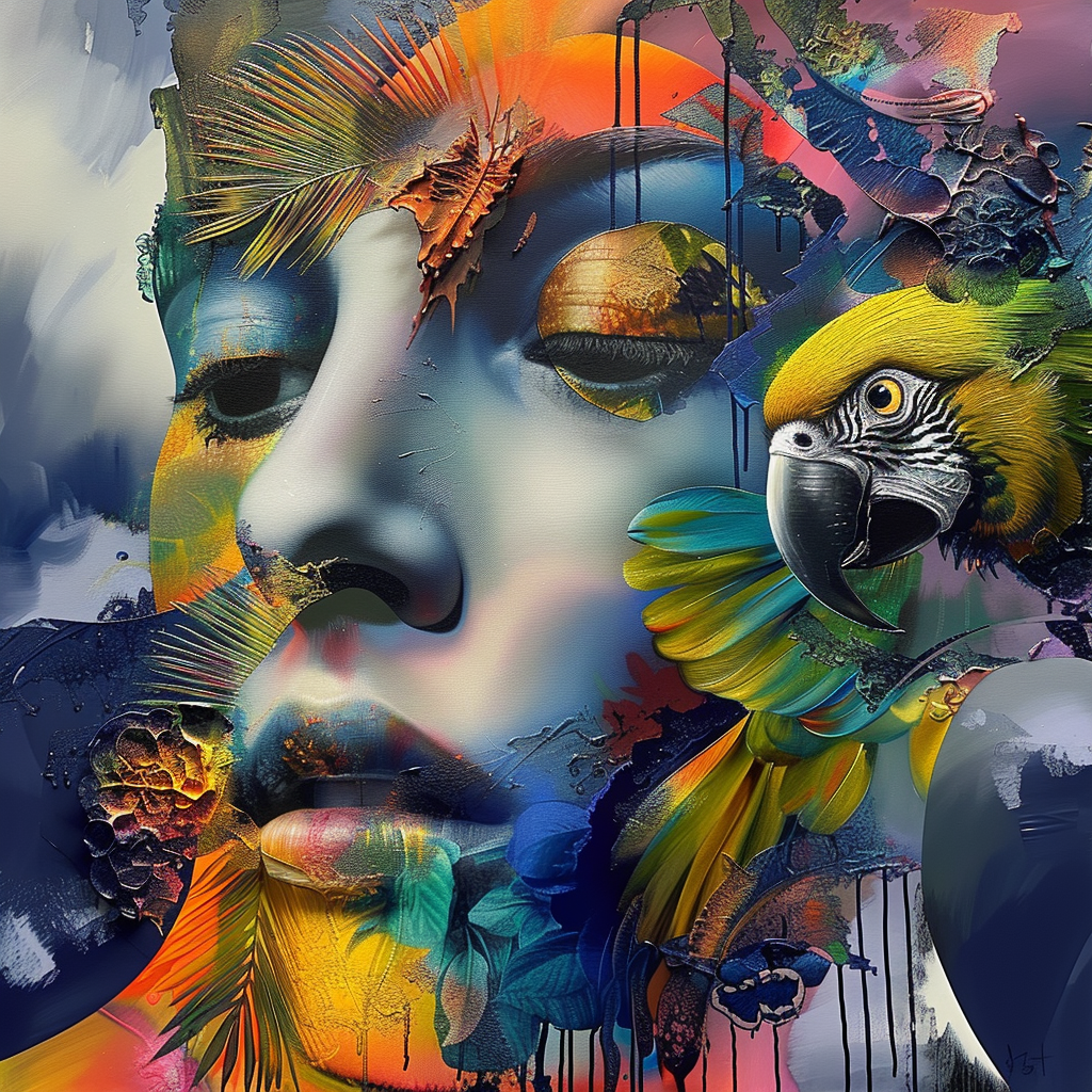 Abstraktes Porträt einer Frau in kräftigen Farben mit Papagei – kunstvolles Zusammenspiel von Natur, Farbe und Emotion.
