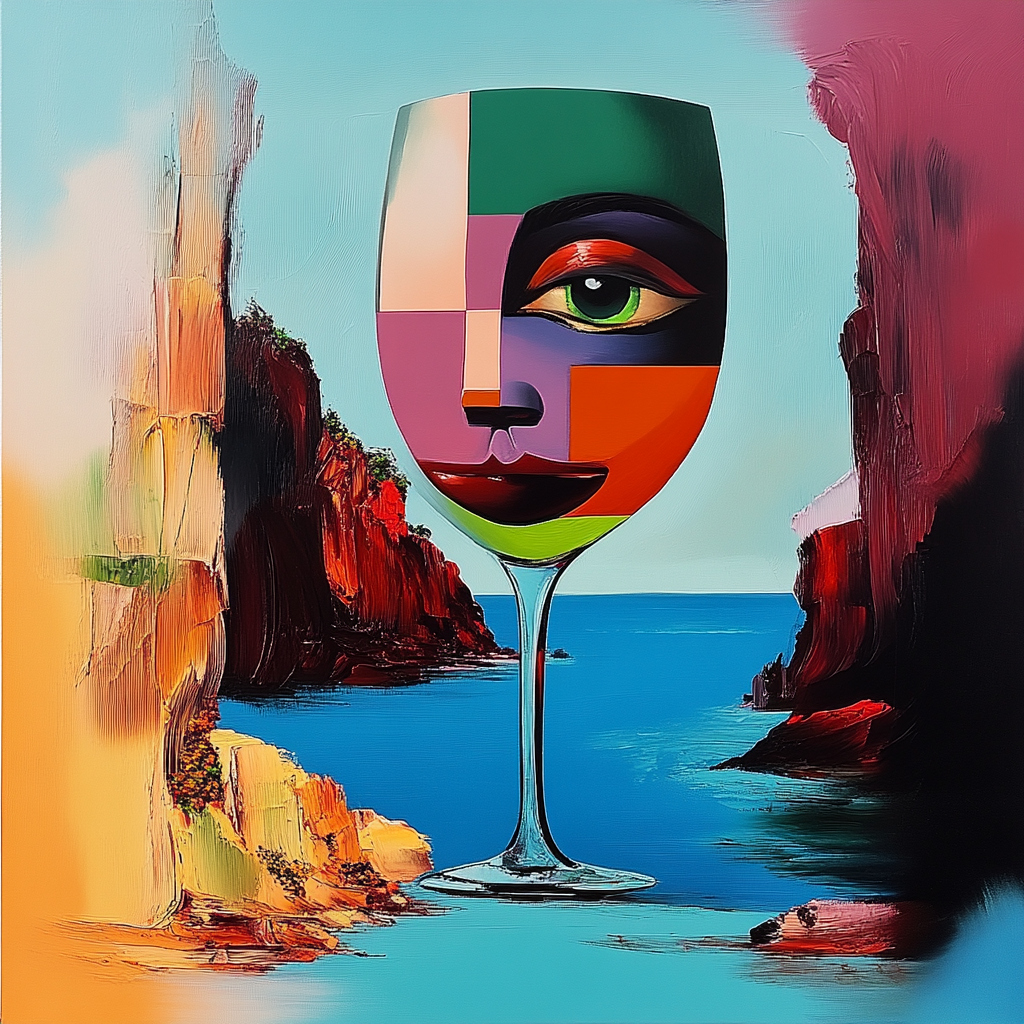 abstraktes weinglas mit gesicht und meer im hintergrund
