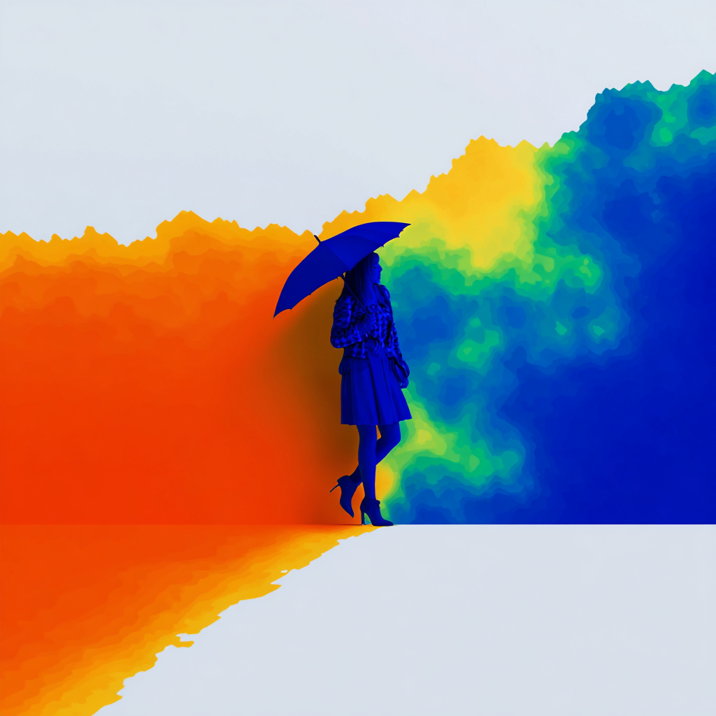 Farbintensive Szene einer Frau mit Schirm, die an einer Grenze zwischen warmen und kühlen Farbfeldern steht – ein minimalistisches, atmosphärisches Konzeptbild.
