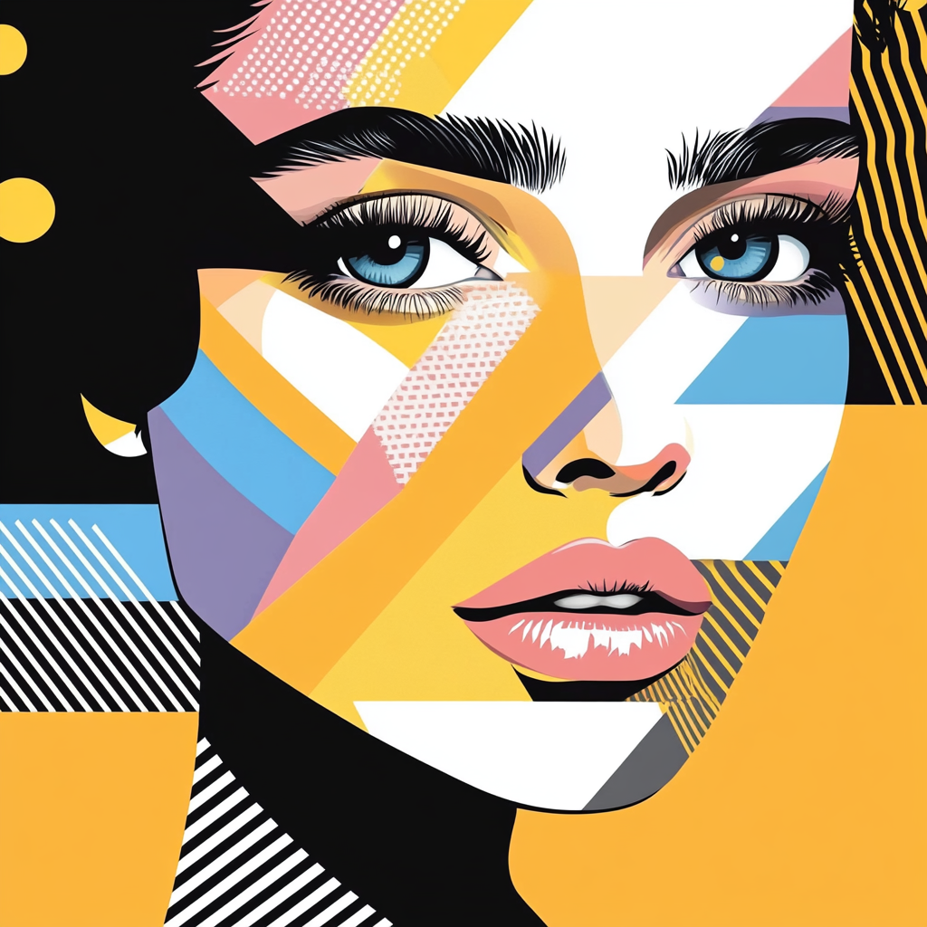 Modernes Frauenporträt mit geometrischen Formen und kräftigen Farben im Pop-Art-Stil.
