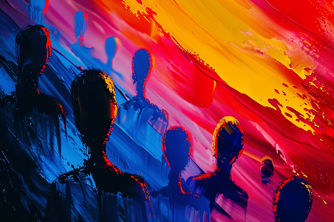 Abstrakte Darstellung mehrerer Silhouetten in Bewegung vor einem farbintensiven Hintergrund aus Rot, Blau und Gelb – eine visuelle Studie über Dynamik, Übergang und Identität.
