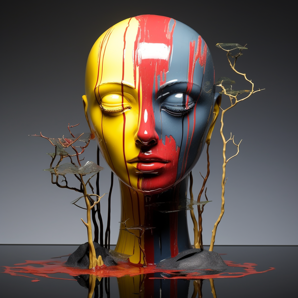 Moderne Skulptur eines Frauenkopfes, übergossen mit gelber, roter und blauer Farbe, umgeben von feinen, baumähnlichen Strukturen – Symbol für Emotion, Wandel und Identität.
