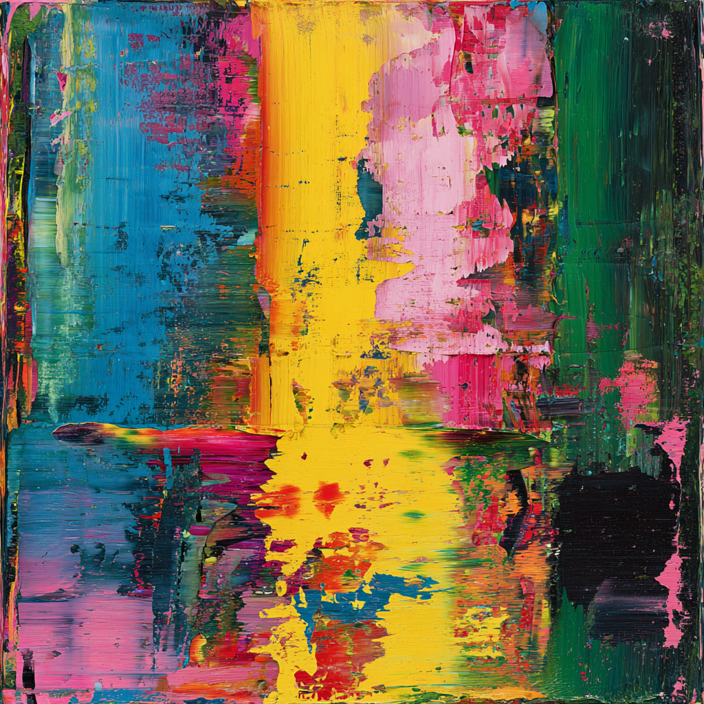 abstraktes gemälde mit kräftigen farben in blau gelb pink und grün
