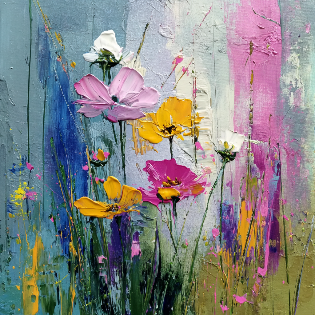 Farbintensives Blumenstillleben in pastosen Pinselstrichen – leuchtende Blüten in Gelb, Rosa, Weiß und Violett vor einem Hintergrund aus Blau und Grün.
