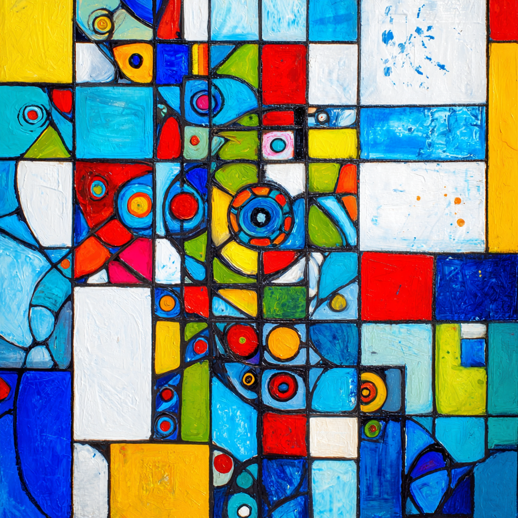 Bunte Komposition aus geometrischen Formen, Kreisen und Linien in Blau, Rot, Gelb und Grün – modernes abstraktes Mosaik mit dynamischer Struktur.
