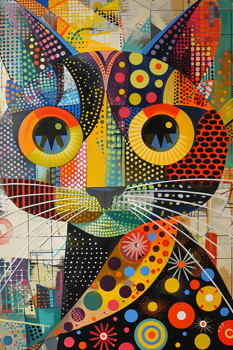 Leuchtend buntes, geometrisch-abstraktes Katzenporträt in Pop-Art-Ästhetik – ein visuelles Spiel aus Punkten, Linien und rhythmischer Farbkomposition.
