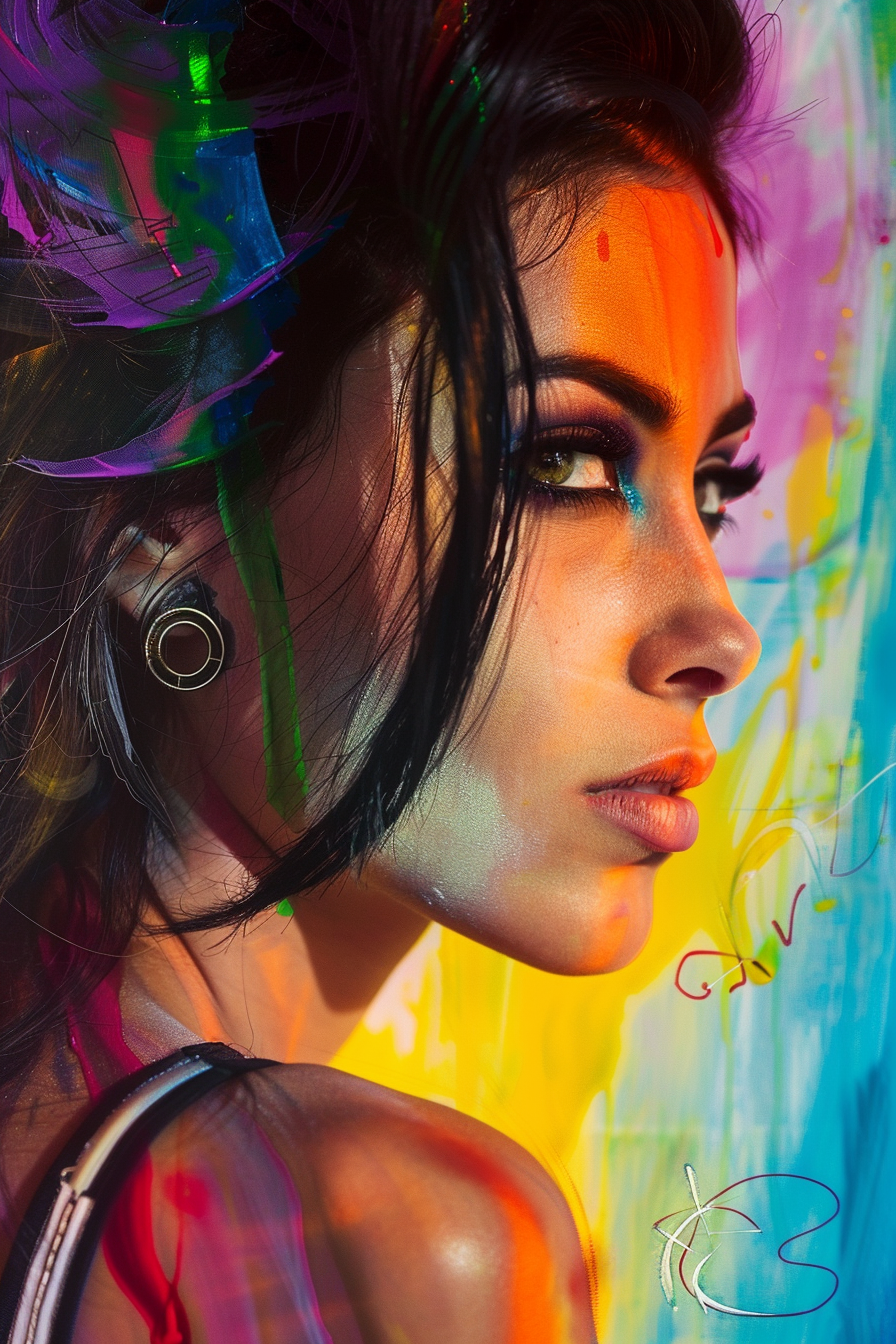 Ein Porträt einer Frau im Profil, deren Gesicht und Haare von kräftigen, leuchtenden Farben überzogen sind. Der Hintergrund besteht aus abstrakten, farbigen Pinselstrichen.
