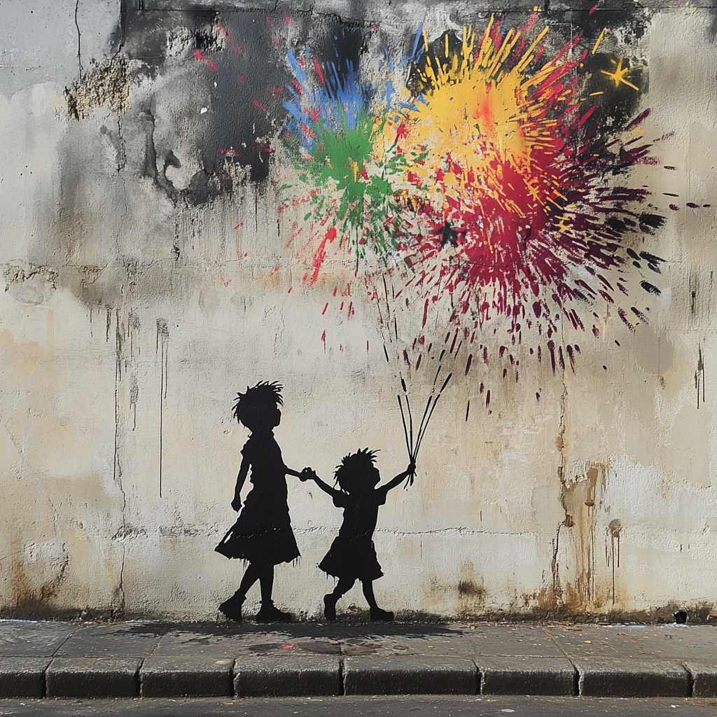 Street-Art mit zwei Kindern, die bunte Ballons in Form von Farbspritzern halten.
