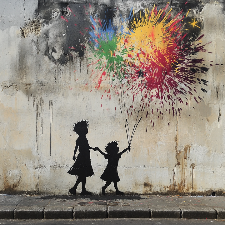 Street-Art mit zwei Kindern, die bunte Ballons in Form von Farbspritzern halten.
