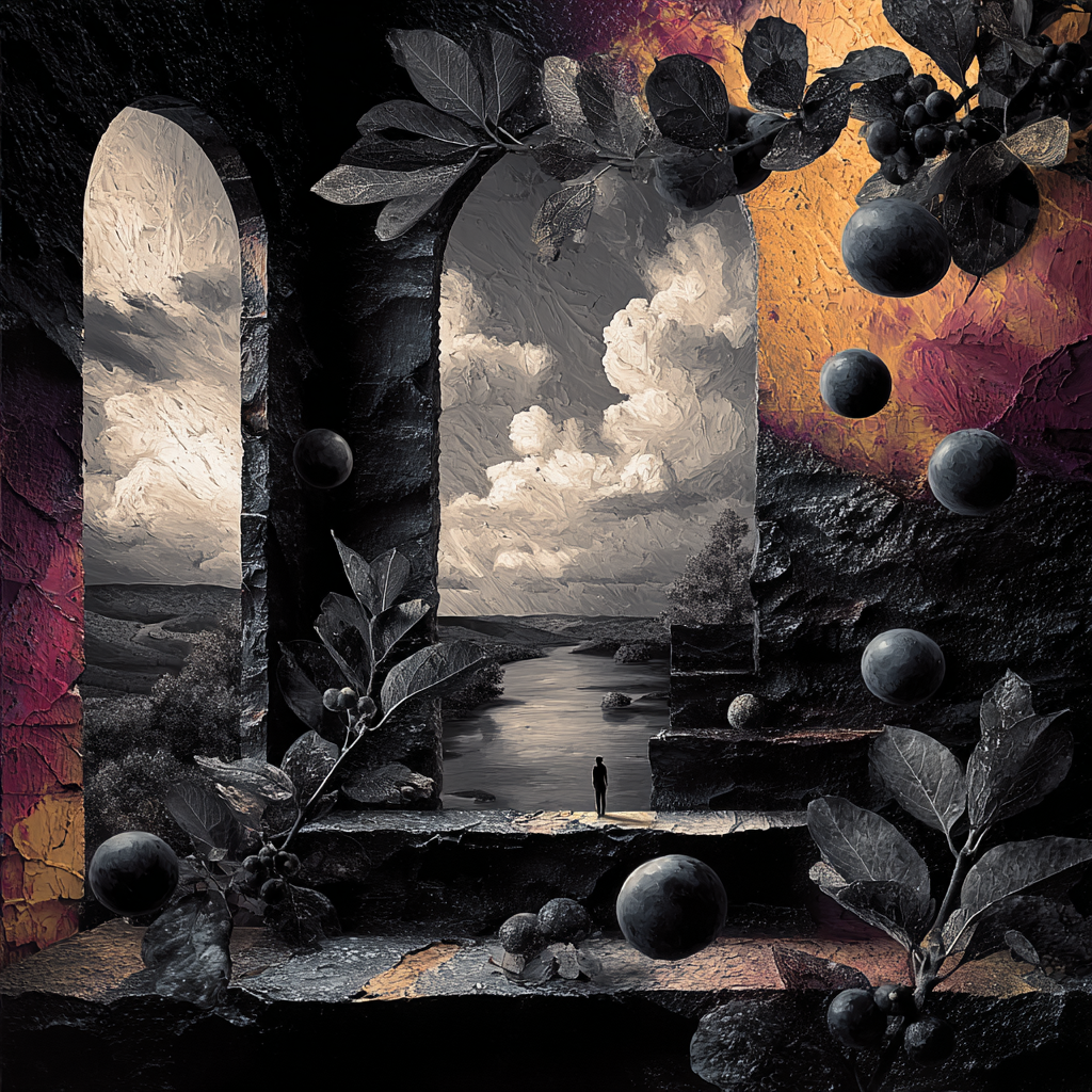 Surreale Torbögen mit Blick auf Flusslandschaft, umrahmt von dunklem Blattwerk
und kugelförmigen Früchten
