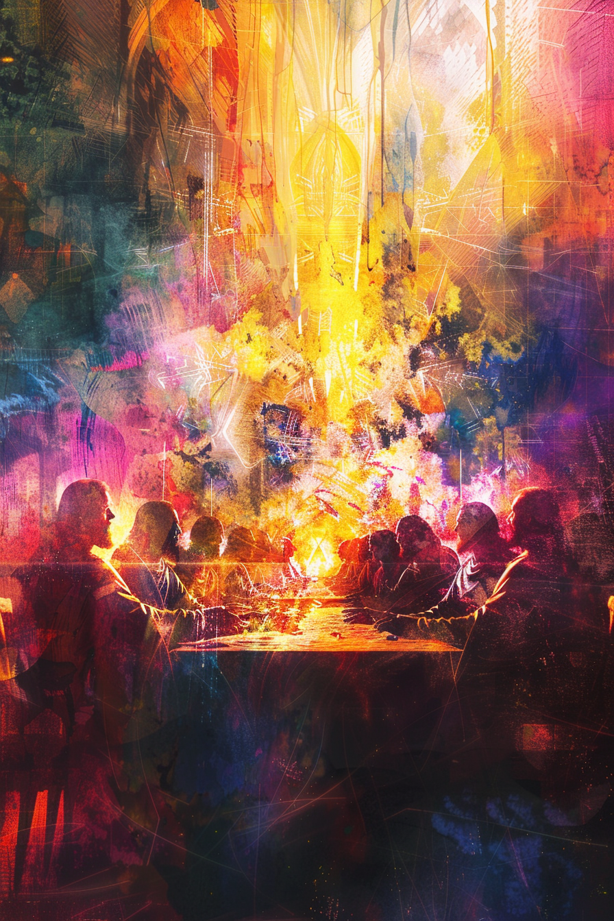 Abstrakte Darstellung des letzten Abendmahls in leuchtenden Farben, durchzogen von goldenen und violetten Lichtstrukturen – Symbol für göttliche Präsenz und spirituelle Erneuerung.
