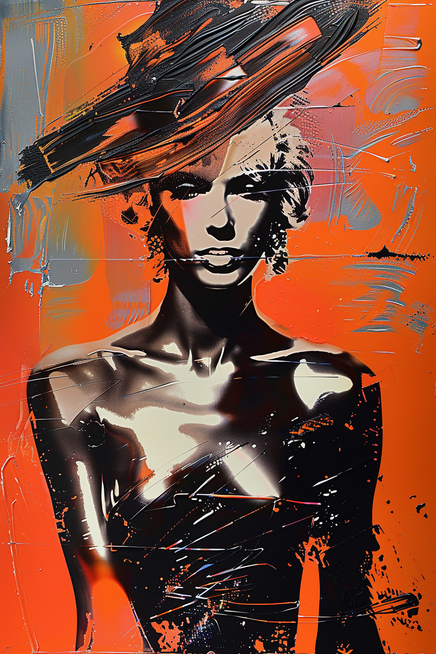 Modernes Porträt einer Frau mit Hut in kräftigen Orange- und Schwarztönen, abstrakt gemalt.
