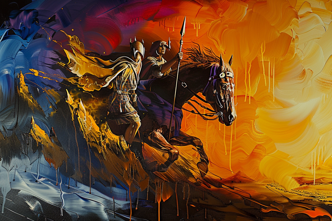 Dramatische Szene zweier Krieger auf einem Pferd, umgeben von flammenden Farben in Rot, Blau und Gold. Eine Symbiose aus Bewegung, Energie und antiker Symbolik, eingefangen in expressiven Pinselstrukturen.
