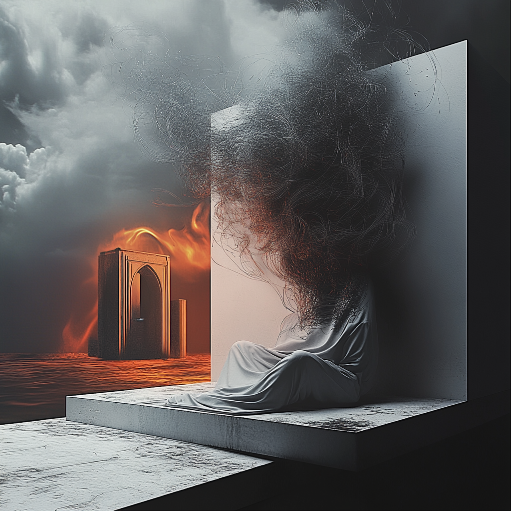 Surreale Szene mit verhüllter Gestalt, Feuerbogen und dramatischem Himmel
