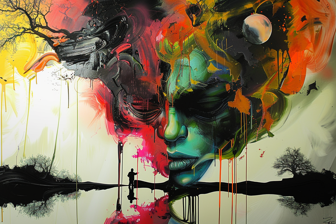 Abstraktes, farbintensives Porträt aus Feuer- und Traumlandschaft – ein Gesicht in Türkis, Rot und Schwarz, das sich aus Explosionen von Farbe und Bewegung formt. Eine Silhouette steht vor einem reflektierenden Horizont.
