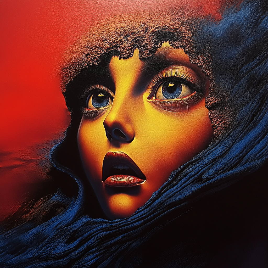 Porträt eines weiblichen Gesichts in kräftigen Rot-, Blau- und Goldtönen – leuchtende Augen und ausdrucksstarke Mimik zwischen Staunen und Angst.
