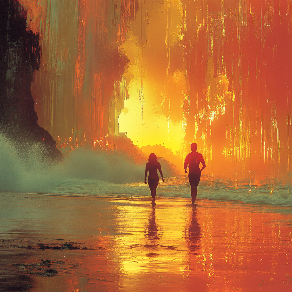 Zwei Figuren gehen am Strand auf einen gigantischen Wasserfall aus Licht und Feuer zu – eine surreale Szenerie aus Gold, Orange und Flammen.
