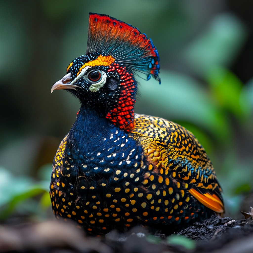 Ein bunter Vogel mit einem auffälligen Federkleid in Rot, Blau, Gelb und Schwarz. Er trägt eine gefächerte Haube und hat ein gesprenkeltes Gefieder mit kontrastreichen Mustern.
