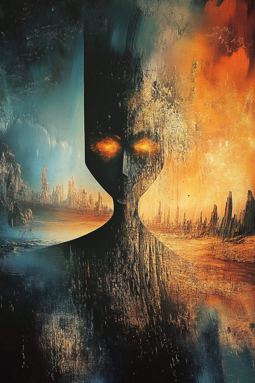 Abstraktes Gesicht mit leuchtenden Augen zwischen Feuer und Dunkelheit
