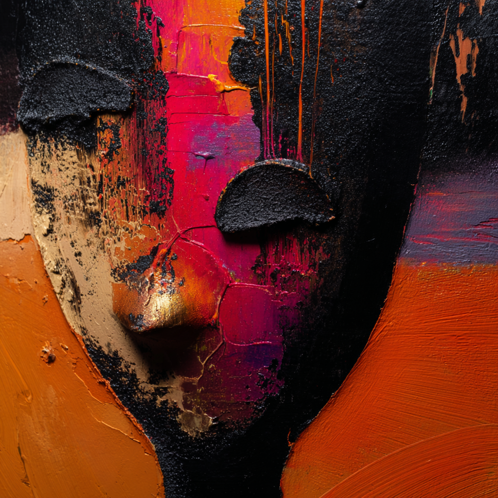 abstraktes gesicht in rot orange und schwarz mit strukturierter oberfläche
