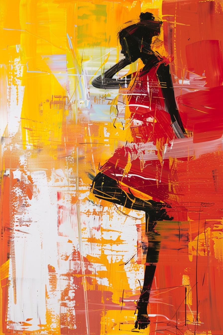 Abstrakte Figur in Bewegung, gemalt in leuchtenden Rot-, Orange- und Gelbtönen – Symbol für Energie, Leidenschaft und innere Freiheit.
