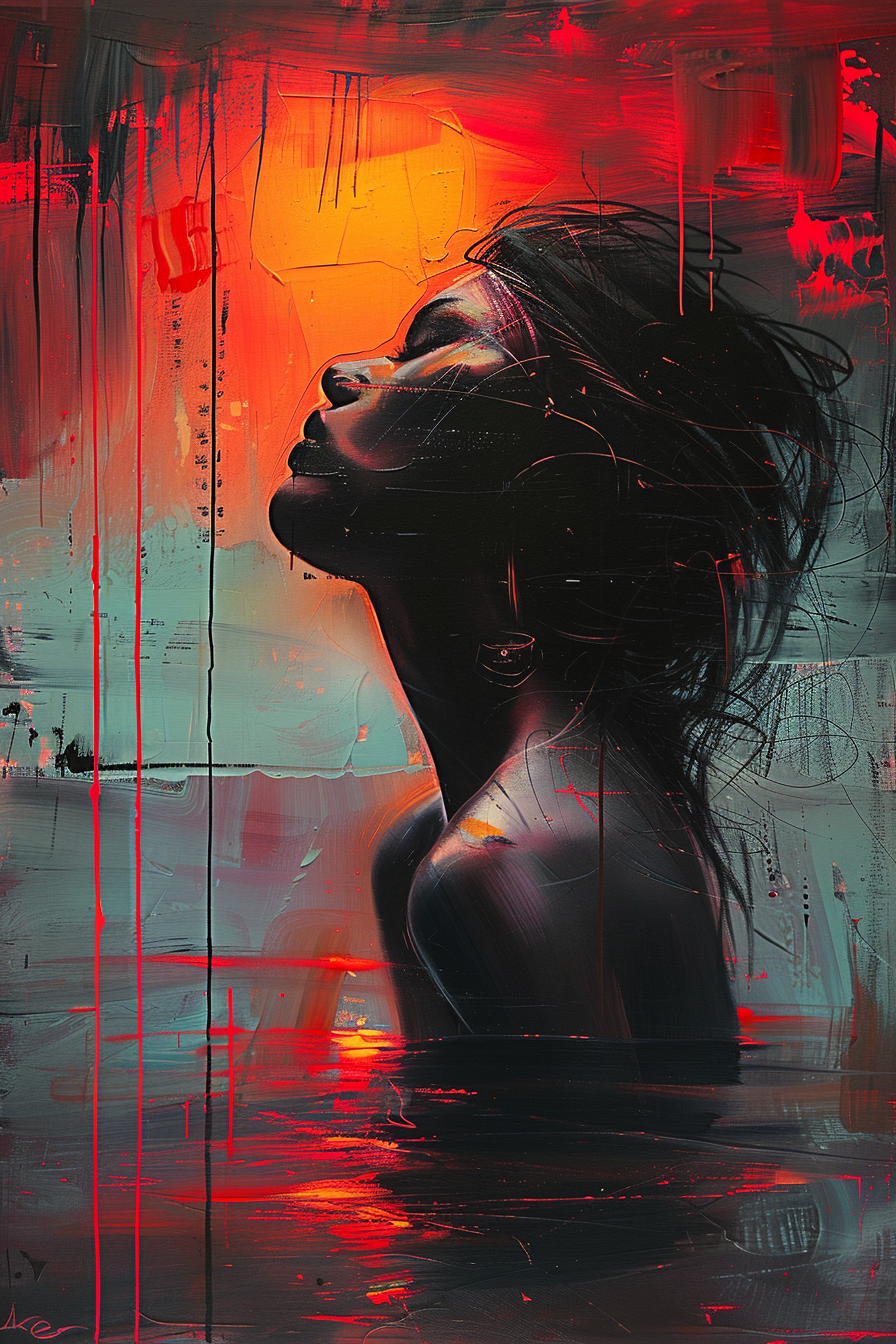 Porträt einer Frau im Profil, umgeben von leuchtenden Rot- und Orangetönen, halb im Wasser, halb im Licht – Symbol für Feuer, Transformation und Stärke.
