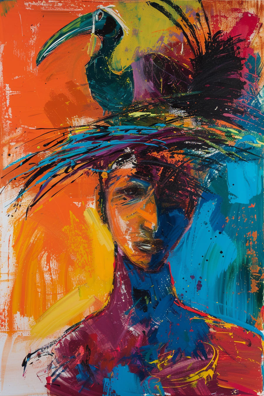 Expressionistisches Porträt einer Person mit leuchtenden Farben und einem Vogel auf dem Kopf – eine energiegeladene Komposition aus Orange, Blau und Schwarz voller Bewegung und Symbolik.
