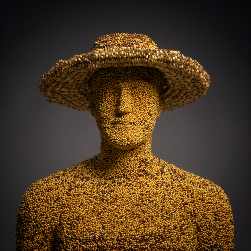 Skulpturale Figur aus goldenen Körnern mit Hut – modernes Porträt zwischen Natur und Abstraktion.
