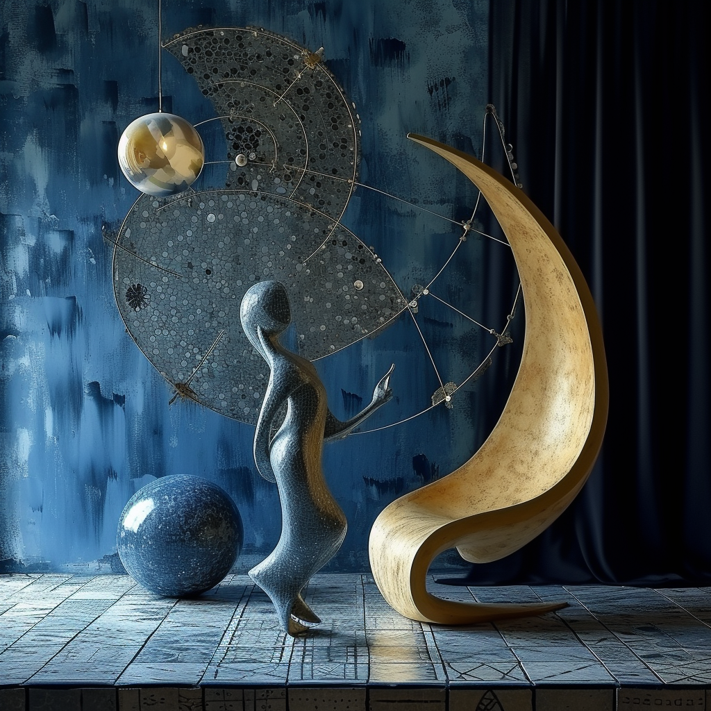 Abstrakte Figur steht vor einer goldenen Mondsichel und einem kosmischen Hintergrund mit Planeten und Sternenkonstruktionen – digitale Kunst in Blau und Gold.
