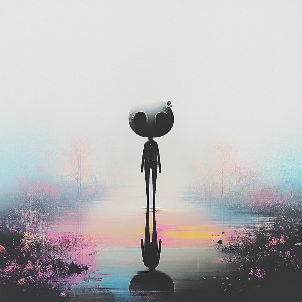 Schwarze Silhouette einer Figur steht im Nebel auf einer spiegelnden Wasserfläche mit sanften Farben
