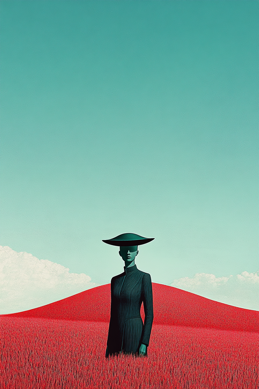 Futuristische Figur mit Hut in einem leuchtend roten Feld unter klarem Himmel
