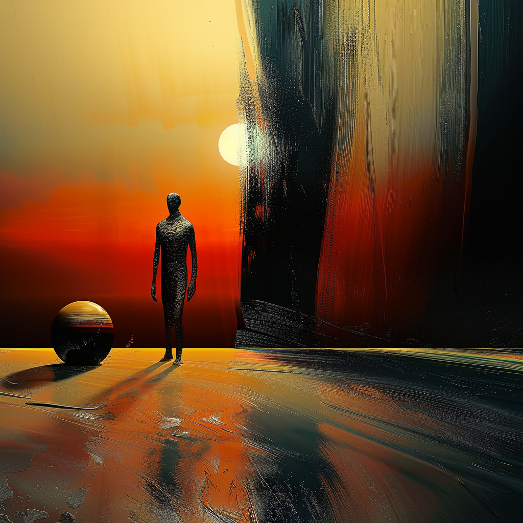 Abstrakte digitale Kunst mit dunkler Figur vor glühendem Sonnenuntergang und sphärischer Lichtkugel – Symbol für Einsamkeit und Erleuchtung.
