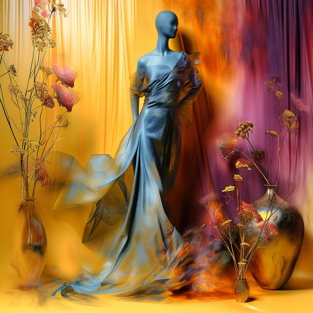Elegante Figur in fließendem blauen Kleid zwischen goldenen und purpurnen Stoffbahnen, umgeben von Trockenblumen in Vasen.
