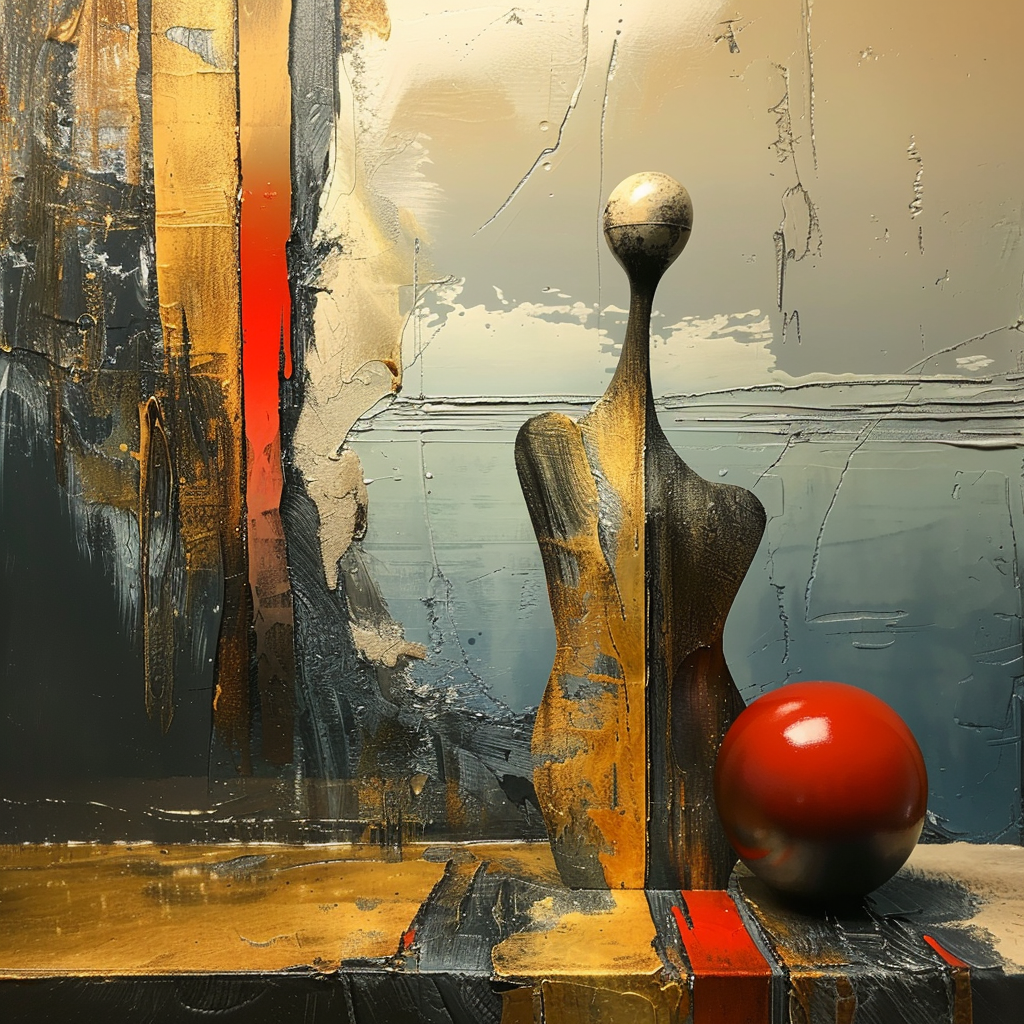 Abstrakte Figur mit roter Kugel vor goldener und schwarzer Struktur – digitale Kunst mit Tiefe, Symbolik und Textur.
