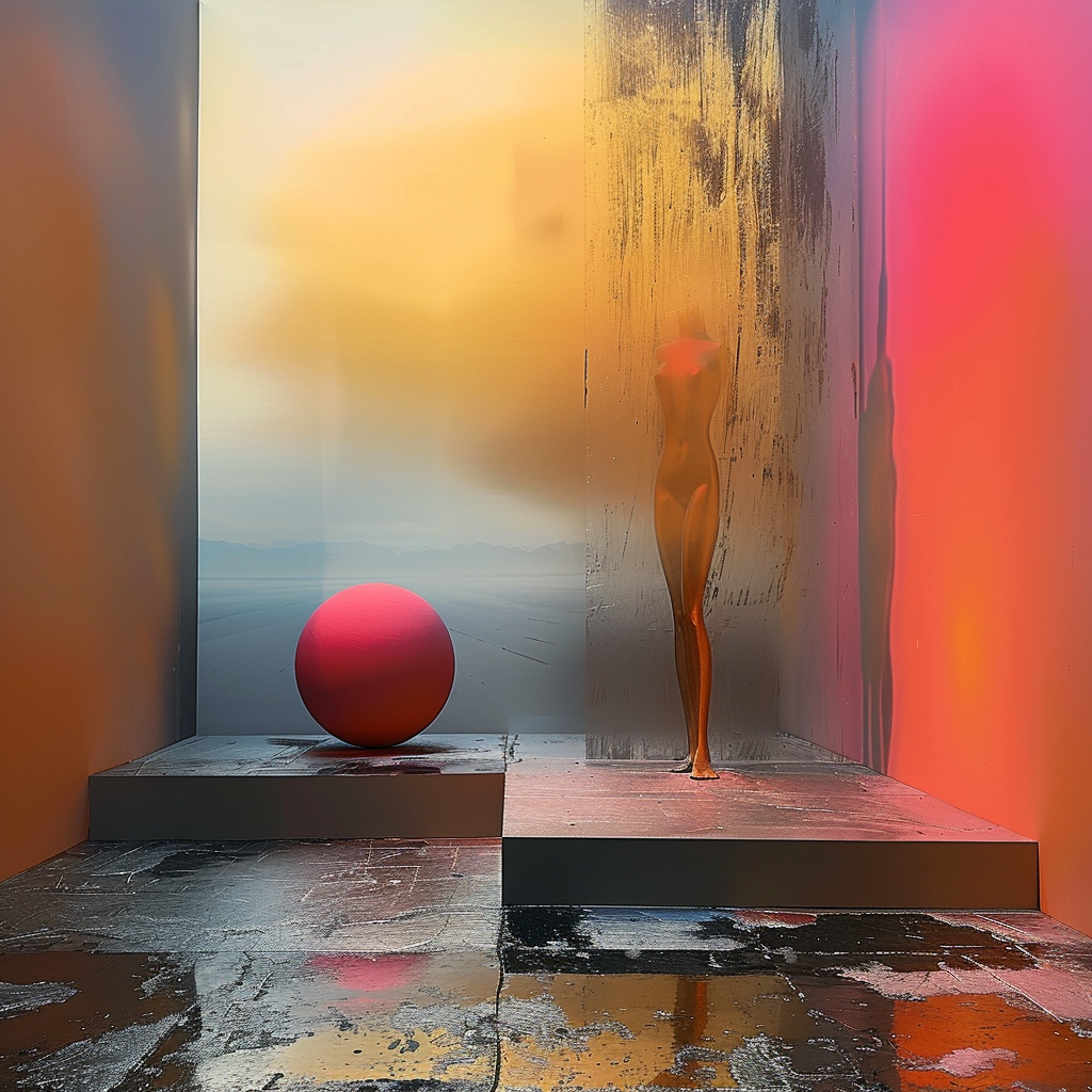 Abstrakte digitale Kunst mit stehender Figur und leuchtender Kugel in einem Raum aus goldenem und rosafarbenem Licht.
