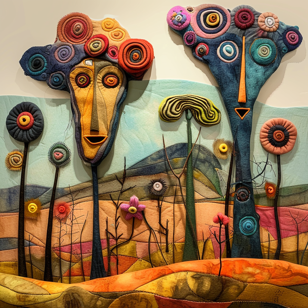 Bunte textile Landschaft mit Gesichtern und Blumen aus Filz, inspiriert von Fantasie und Natur.
