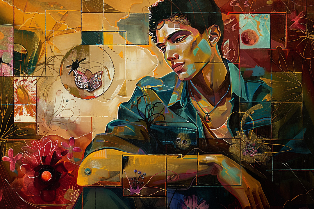 Porträt eines jungen Mannes in warmen Gold- und Rottönen, der nachdenklich zur Seite blickt. Umgeben von floralen Mustern, geometrischen Formen und einem Schmetterling im Hintergrund. Eine Komposition zwischen Realismus und Abstraktion.
