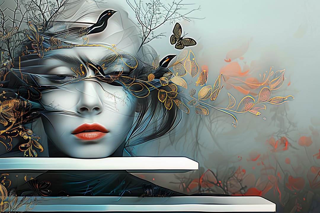 Surreales Porträt einer Frau mit geschlossenen Augen, umgeben von goldenen Zweigen, Vögeln und einem Schmetterling. Feine Linien durchziehen das Gesicht, das in kühles Licht getaucht ist. Zarte, transparente Schichten verbinden Natur und Traum.
