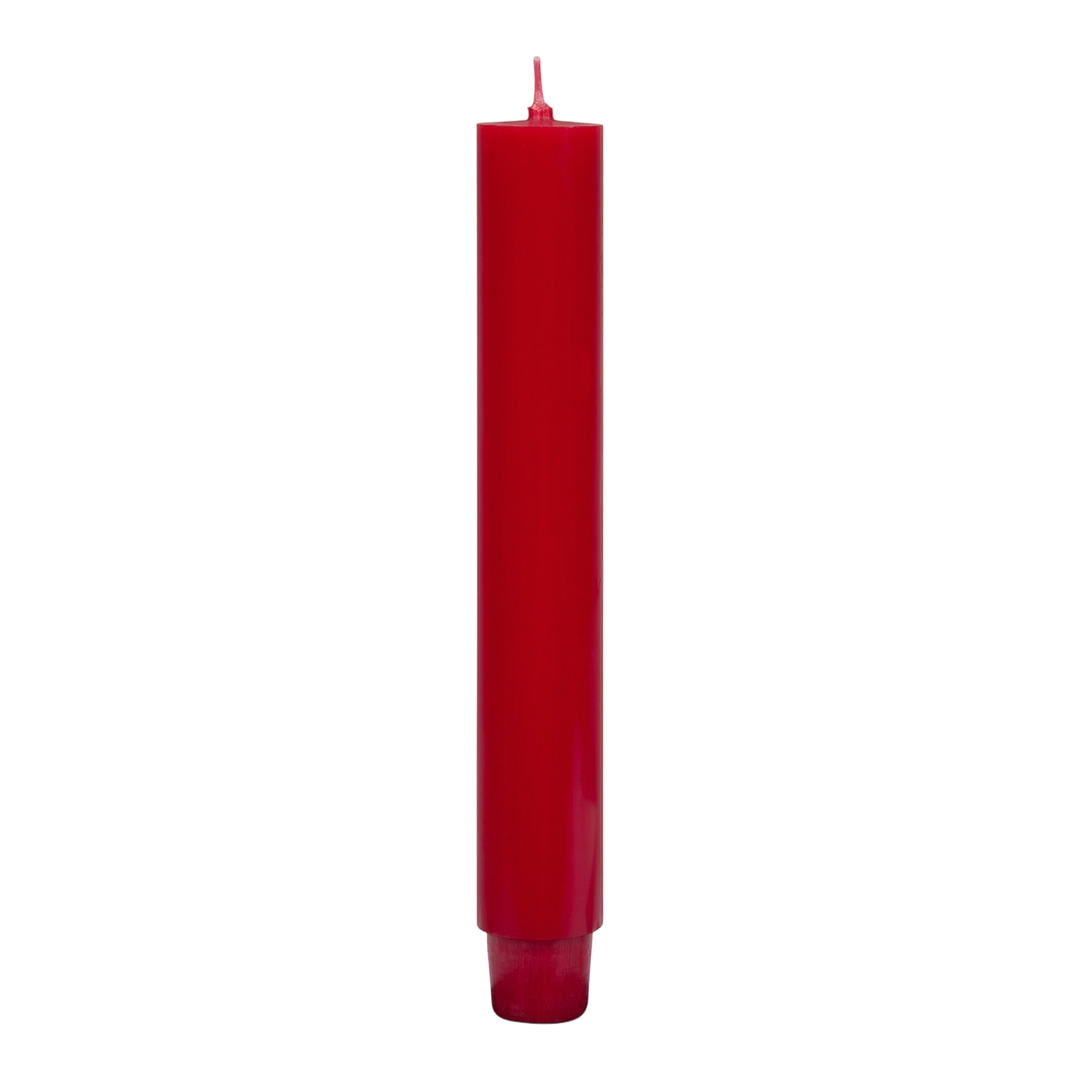 Flachkopf-Stabkerze in antik-rot handgearbeitet von JASPERS Kerzen – ca. 10 Stunden Brenndauer, ideal für stilvolle Tischdekorationen.