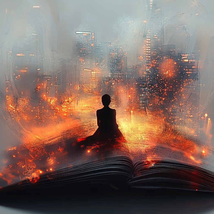 Sitzende Silhouette auf einem glühenden Buch mit leuchtender Stadt im Hintergrund
