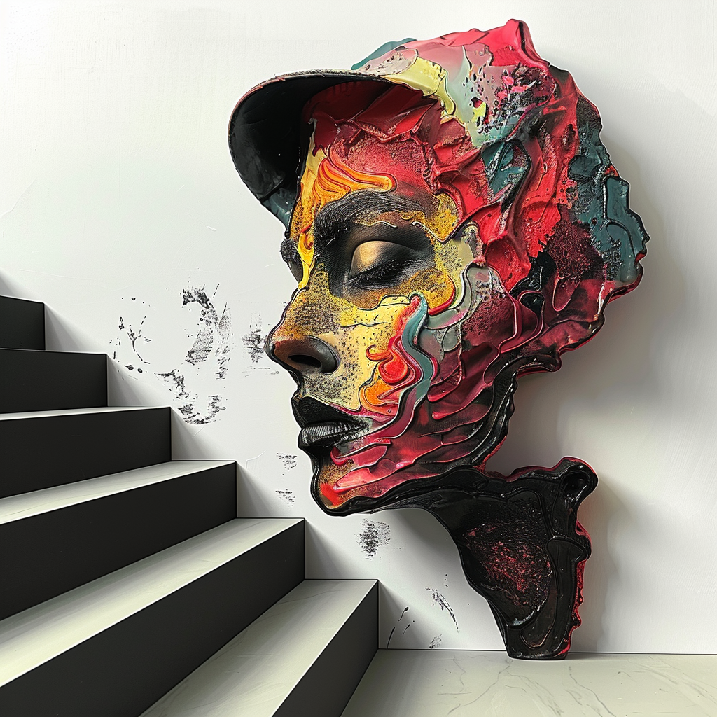 Abstraktes Porträt einer Frau in Reliefoptik mit feurigen Rot-, Gelb- und Schwarztönen, an einer Wand über einer Treppe angebracht.
