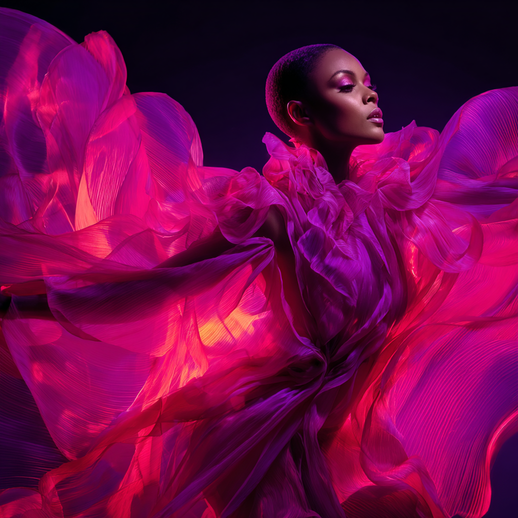 Figur in leuchtendem pink-violettem, fließendem Stoffkleid vor dunklem Hintergrund, dramatisch beleuchtet.
