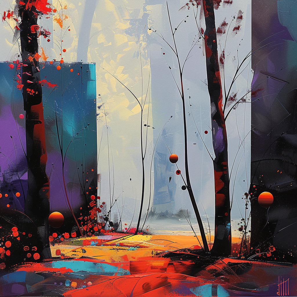 Abstrakte Waldlandschaft in kräftigen Farben mit Licht, Nebel und leuchtenden Akzenten. Ausdruck von Natur und Emotion.
