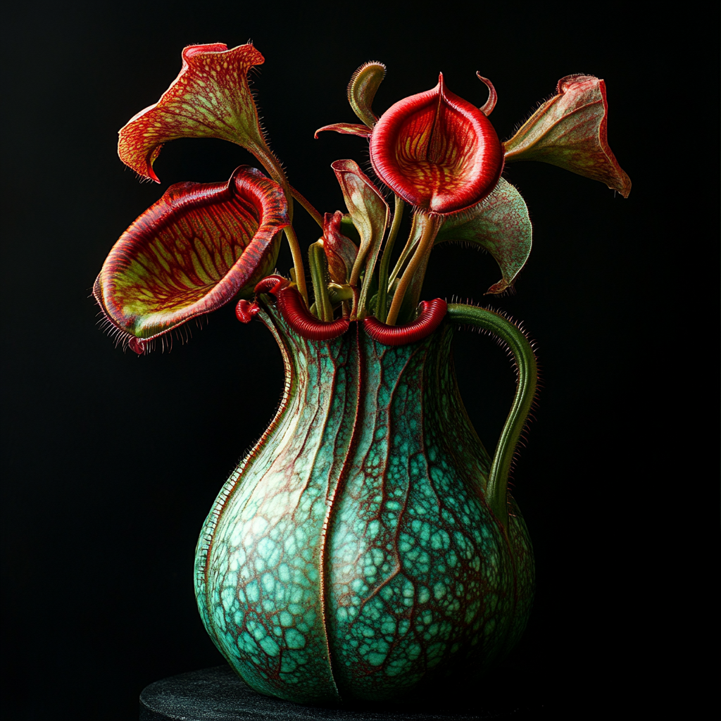 Detailreiche Darstellung einer fleischfressenden Pflanze in einem krugähnlichen Gefäß mit grün-roten Mustern vor dunklem Hintergrund
