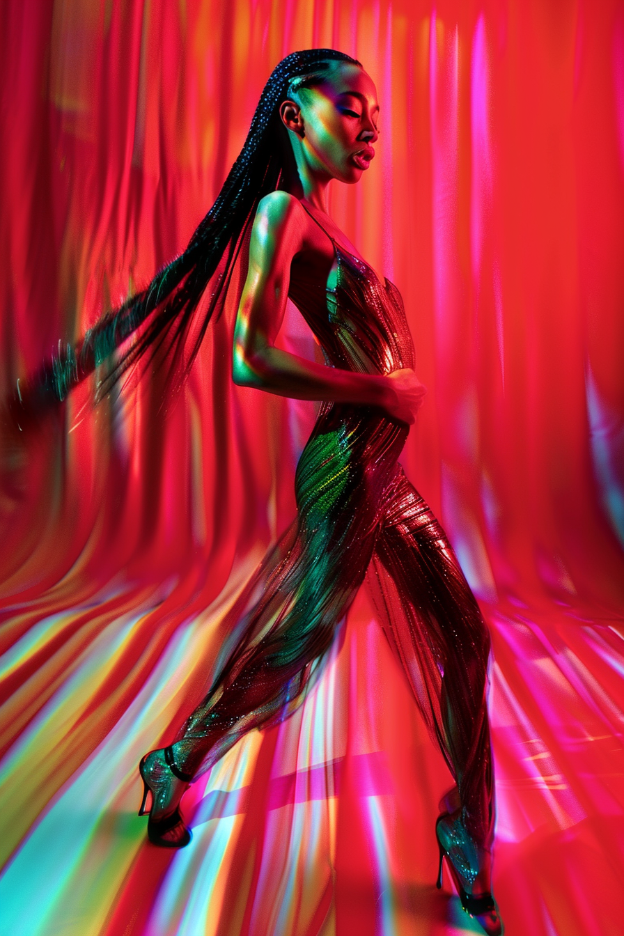 Porträt einer Frau in einem funkelnden Outfit, umgeben von leuchtenden roten und grünen Lichtreflexen, die eine dynamische Bewegung erzeugen.
