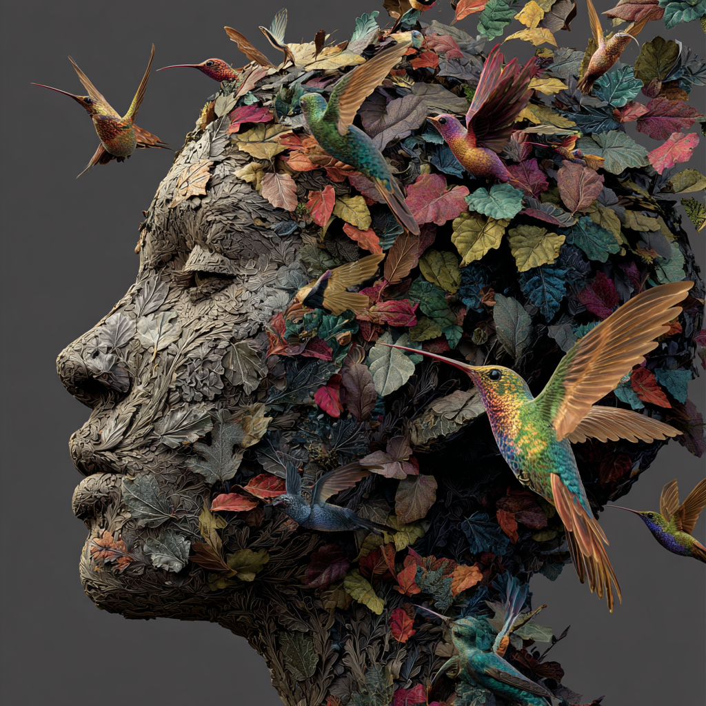 Ein kunstvolles Porträt eines Gesichts, das aus Blättern geformt ist, umgeben von leuchtenden Kolibris, die in dynamischer Bewegung um das Gesicht fliegen.
