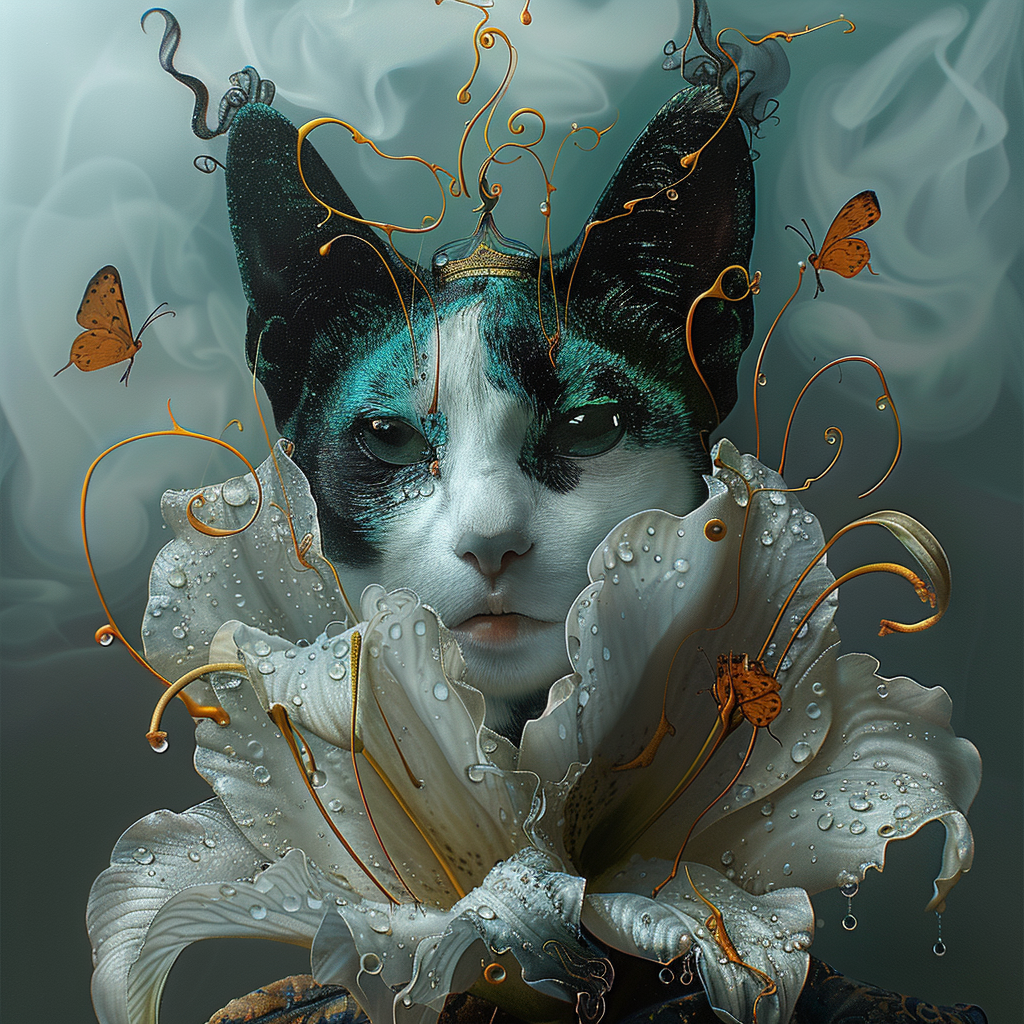 Surreale Darstellung einer Katze mit floralen Elementen und Schmetterlingen – poetische Fusion aus Tier, Natur und Fantasie.
