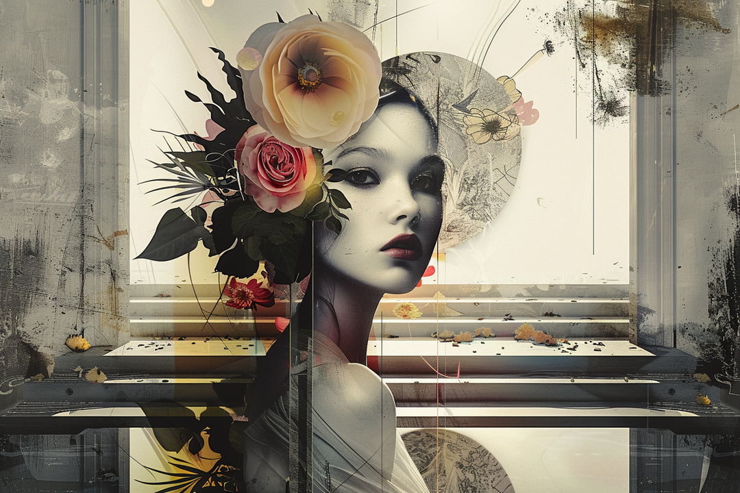 Porträt einer Frau mit floraler Krone aus Rosen und Blüten, in sanftem Licht und geometrischer Komposition. Eine Verbindung aus klassischer Anmut, Symbolismus und moderner, surrealer Ästhetik.
